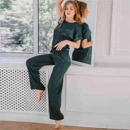 HiLoc Batwing Sleeve Solid Satin Sleepwear Two Piece Set Top And Pants Bow Home Suit For Women Sets Green Brown Spring silk 210901