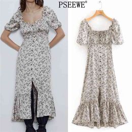 Floral Printed Long Dresses Summer Woman Fashion Button Ruffle Short Puff Sleeve Women Cottagecore 210519