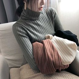 Autumn Winter Ribbed Turtleneck 2020 Pullovers knitted Women Long sleeve Elasticity Brown Slim Jumper Ladies Black Basic Sweater X0721
