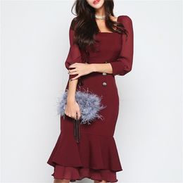 Womens Vintage Claret Mermaid Bodycon Dress Spring Women Square Collar Mid-calf Dresses Casual Fitted Office Vestidos 210603