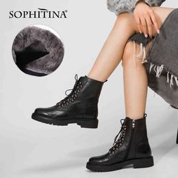 SOPHITINA Women's Ankle Boots With Rivet Wool Autumn Winter Warm Bootie Suede Genuine Leather Lace Up Women Shoes PC492 210513