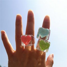 green resin ring Canada - Harajuku Vintage Pink Blue Green Love Transparent Resin Acrylic Square Rings For Women Egirl Y2K Aesthetic Jewelry Gifts Cluster