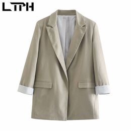 curled sleeve design women blazer Casual None Button Cardigan Blazers and Jackets Linen Lady Suit Coat Spring 210427