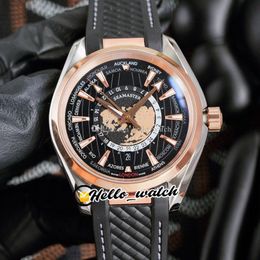 42mm AQUA TERRA 150m Watches 220.12.43.22.03.001 Black World Map Dial Automatic Mens Watch Two Tone Steel Rose Gold Case Rubber Strap HWOM Hello_Watch G27