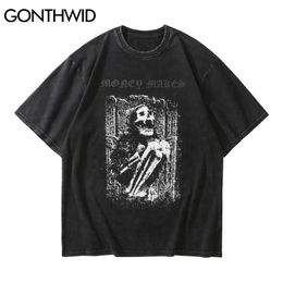 GONTHWID Streetwear Distressed T-Shirts Hip Hop Skeleton Skull Short Sleeve Tshirts Punk Rock Gothic Tees Shirts Harajuku Tops C0315
