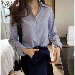 Korean Style Work Office Lady Shirt Tops Fashion Striped Women Long Sleeve Turn Down Collar Autumn Blouses 7459 50 210506