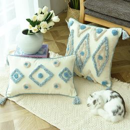 Luxury Home Decor Handmade Embroidery Pillow Cover Blue Rhombus With Tassels Cushion Decorative PillowCase Sham Cushion/Decorative