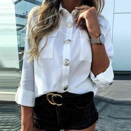 BEFORW Women Autumn Casual Sleeve Blouse Office Lady solid Button Pockets Blouse Shirts Elegant Shirts Plus Size 210323