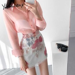 Yitimuceng 2 Piece Sets Women Blouse and Floral Print Skirts Long Sleeve Thin Shirt mini Skirt Fashion Office Lady Summer 210601