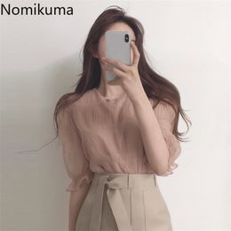 Nomikuma Korean Chic Short Sleeve Shirts O Neck Slightly Transparent Elegant Blouse Women Arrival Vintage Blusas Mujer 3e253 210719