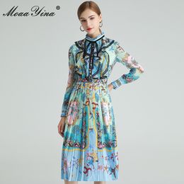 Fashion Designer dress Spring Women's Dress Long sleeve Lace Ruffles Starfish Shell Conch Print Pleated Dresses 210524