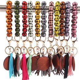 Wood Bead Keychain With Tassel Printed Beads Bracelet Party Favor Plaid Wooden Key Ring Board Wrist Keychains Pendant