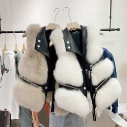 design womens turn down collar PU leather patchwork faux fur zipper decoration sleeveless short vest coats casacos