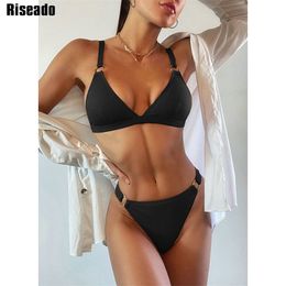Riseado Push Up Bikini Women's Swimsuit Ribbed Swimwear Women Black Set High Waist Bathing Suits Ring Biquini Summer 210621