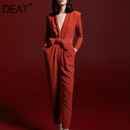 DEAT New V-neck Long Sleeve High Waist Loose Fit Fashion Tide Women Red Lace UP Pockets Office Lady Thin Jumpsuits 7E0246 210428