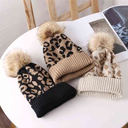 Leopard Knitted Hats Autumn Winter Beanie Hats For Men Women Outdoor Winter Hat Thicken Warm Cap Boy Girls Trendy Pom Hat Y21111