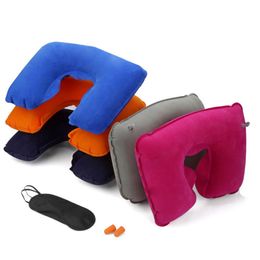 3Pcs/Set Inflatable U Shaped Neck Pillow Earplugs Eye Mask Travel Set Portable Comfortable Head Rest Cushion Office Car Flight Travel Nap Support TR0044