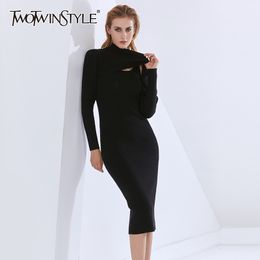 TWOTWINSTYLE Knitted Slim Two Piece Set For Women Turtleneck Long Sleeve Short Tops Sleeveless Sexy Dress Black Sets Autumn 210517