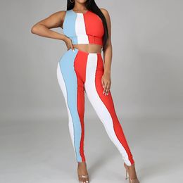 Women 2 Piece Matching Pants Sets O-neck Sleeveless Tank Tops & Stripe Color Block Skinny Pant Casual Suits 210521