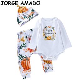 Halloween Clothes Baby Boy Girl Sets Cartoon Pumpkin Long Sleeve Romper+ Pants+Cap 3 Piece Suit born YK018 210610