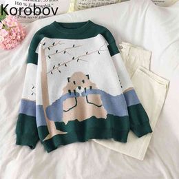 Korobov Korean Cartoon New Women Sweater Preppy Style O Neck Long Sleeve Autumn Winter Sueter Mujer Korean Female Jumper 210430