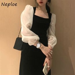 Mesh Patchwork Puff Sleeve Velvet Dress Korean Ins Elegant Dresses Women Sexy Square Collar Slim Fit Vestidos 1H086 210422