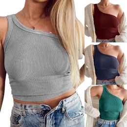 Women's Vest 2021 Summer Solid Color Ribbed Crop Tops Single Shoulder Straps Camisole for Female X0507