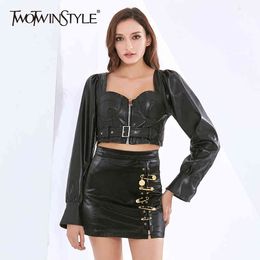 Lace Up Short Tops For Women Square Collar Long Sleeve PU Leather Sexy Jackets Female Fashion Clothing Autumn 210524