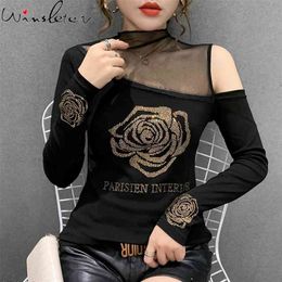 Spring Fall Korean Style T-shirt Chic Sexy Diamonds Rose Patchwork Women Tops Ropa Mujer Long Sleeve All Match Tees T09903L 210324