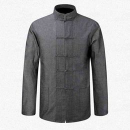 New Male Cotton Shirt Traditional Chinese Men Coat Clothing Kung Fu Tai Chi Uniform Autumn Spring Long Sleeve Jacket for Man Y1106