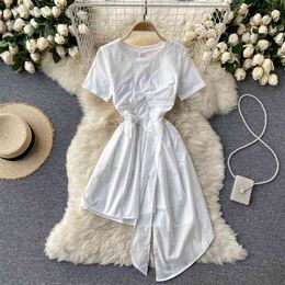 Women Round Neck Pure Color Short-sleeved Irregular Stitching Folds Slim Summer Mini Dress Clothing Vestidos De Mujer S836 210527