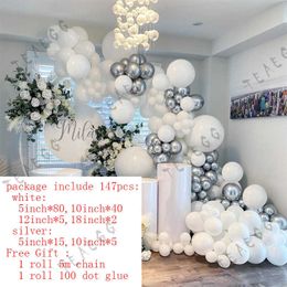 147Pcs White Chrome Metallic Silver Balloon Garland Arch Kit For Birthday Wedding Party Decoration Balloons Bride Baby Shower X072282j