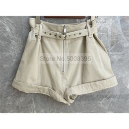 ss Woman Cotton Linen Shorts High WAIST Oversized Short Zipper Front Waist Buckle Belt With Pockets Roll Hem 210719