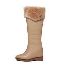 Boots Winter Style Leather Plush Women's Knee-length Boots, Classic Round-toe Inner Heightening Comfortable And Warm