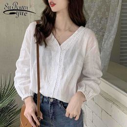 Cotton Women Tops and Blouses V-neck Lace Shirt Solid Autumn Korean Style Sweet Shirt Women Simple Office Lady Tops 10914 210527