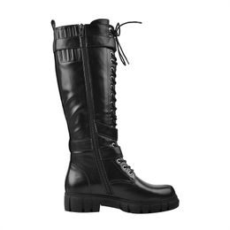 Flat Heel Punk Women Platform Boots Lace Up Matte Black Buckle Strap Zipper Knee High Long Boots