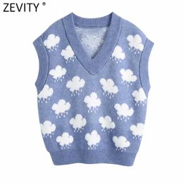 Zevity Women Fashion V Neck Cloud Pattern Knitting Sweater Female Sleeveless Casual Slim Vest Chic Leisure Pullovers Tops S669 211018