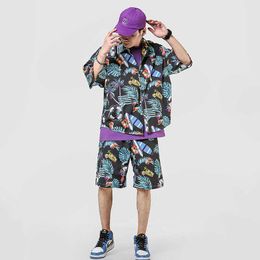 Fashion Summer Short Sleeve Sets Men Casual Print Suits For Men Chinese Style Print Beach Suit Sets Shirt+ Shorts 5XL 210528