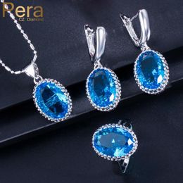 Earrings & Necklace Pera Trendy Ladies Jewelry Set For Party Gift 3 Pcs Silver Color Light Blue Big Round Crystal Drop Necklace/Earrings/Rin