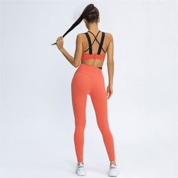 Naked-Feel Yoga Sets Sports Leggings Back Cross ShockProof Bras Gym Workout Clothing Fitness Tracksuits Sportswear 2PCS Suits 210802