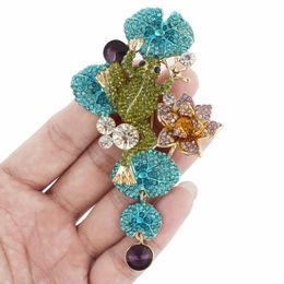 Frog Brooches For Women Animal Broche Femme Enamel Pins Lapel Gold Lotus Flower Crystal Rhinestone Party Jewellery Gift