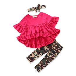 2021 Girls Ruffles Outfits Asymmetric Top Flare Sleeve Tassels Tribal Striped Unicorn Flora Camouflage Headbands 36 Designs Clothing Sets