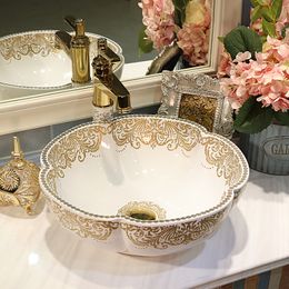Chinese Cloakroom Counter Top porcelain wash basin bathroom sinks ceramic art countertop washbasin flower shape gold pattern