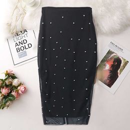 Plus Size Black Pencil Long Skirt Tulle Soft Stretch Bodycon Jupe with Beaded Slit Vintage Office Ladies Saias Summer S XXL 210527