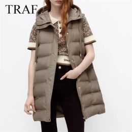 TRAF ZA Women's Winter Jacket Fashion Warm Thick Hooded Long Coat Female Vintage Sleeveless Outerwear Zip Pocket Waistcoat Tops 211130