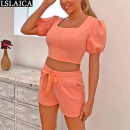 Solid Colour Set Clothes for Women Short Sleeve Crop Top&short Pants Drawsrting Slim Fashion 2 Peice Pockets Homewear 210515