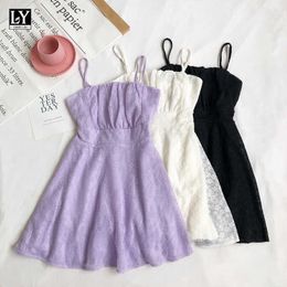 LY VAREY LIN Summer Women Sweet Lace Fold High Waist Slip Mini Dresses Casual Female Slim Sleeveless A-line Short 210526