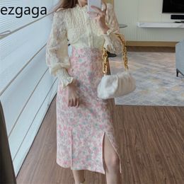 Ezgaga Two Piece Set Women Korean Lace Party Blouse Basic Floral High Waist Skirts Elegant Bodycon Office Lady Shirts and Skirts 210430