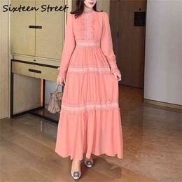 Orange Chiffon Dress For Woman Ruffles Long Sleeve High Waist Bodycon Lady Elegant Maxi Dresses Female Spring Clothing 210603