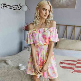 Casual Off Shoulder Tie Dye Dresses Women Summer Holiday Style Beach Elastic High Waist Home A-Line Mini Dress 210510